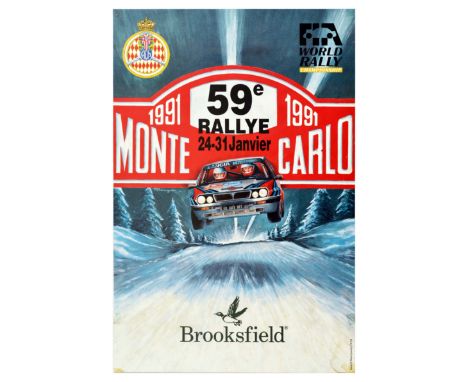 Original vintage sports event poster for the 1991 Monte Carlo 59th Rallye 23-31 January. French language poster. The dramatic