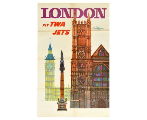 Original vintage travel advertising poster: London Fly TWA designed by renowned American artist, David Klein (1918-2005). In 