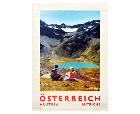 Original vintage travel poster promoting Austria, featuring a photograph by Robert Lobi. The photo shows a couple sitting in 