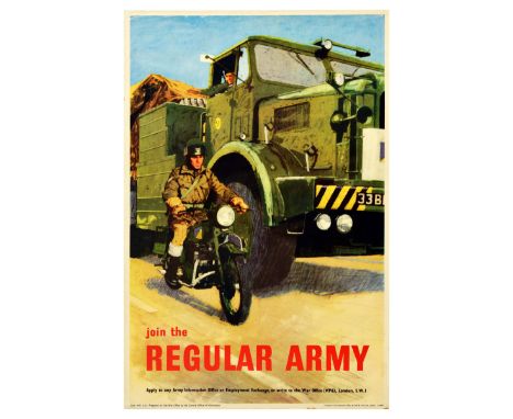 Original vintage military recruitment poster - Join the Regular Army - depicting a soldier on a motorbike driving next to a l