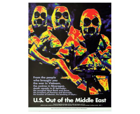 Original vintage anti USA propaganda poster. The poster features a thermal photograph of three soldiers dressed in uniforms h