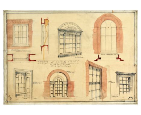 Original hand drawn architectural illustration and sketches of different types of XVIII century windows - Basement window in 