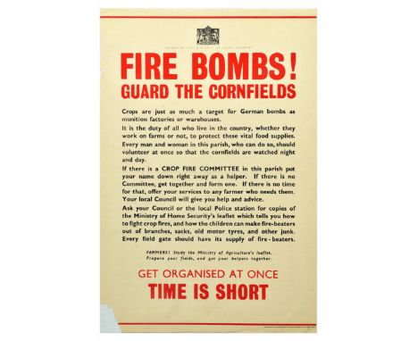 Original vintage World War Two poster with text, similar in style to the famous Keep Calm and Carry On poster.  Fire Bombs! G