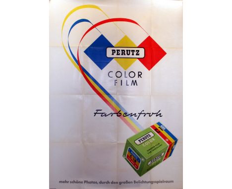Original vintage advertising poster for Perutz colour film for better photos. Image of blue, yellow and red squares curving d
