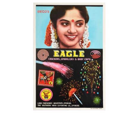 Original vintage advertising poster for Sieco's Eagle Fireworks - Crackers, sparklers and baby caps - Great design features a