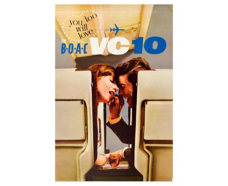 Original vintage travel poster promoting air travel with BOAC - The text in white, black and blue placed in a heart shaped ba