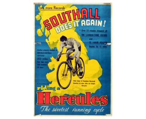 Original vintage advertising poster for Hercules Bicycles, celebrating Frank Southall setting a new London-York record and a 