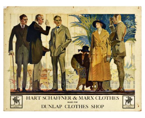 Original vintage advertising poster reading Hart Schaffner and Marx Clothes Made for Dunlap Clothes Shop. The image shows thr
