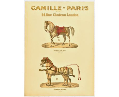 Original antique advertising poster for a French manufacturer of horse harnesses and saddles Camille - Paris at 24 Rue Chatea