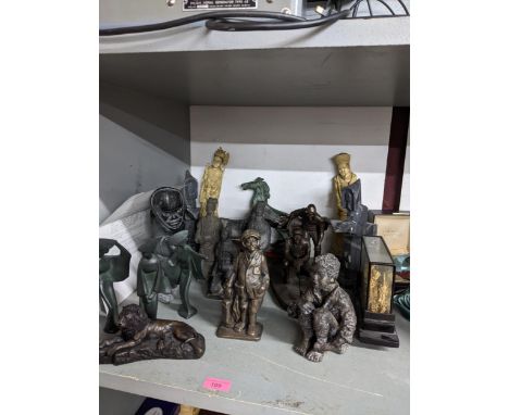 A selection of platinated bronzed composition, resin and metal statues and figurines, terracotta army, pottery figures, Canad