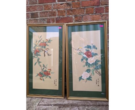 Two Chinese gouache paintings on fabric, each of a bird perched on a blossoming branch, calligraphy and red seal mark below, 