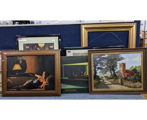 A selection of pictures and prints to include; an advertising picture for an Edward Hopper exhibition, Jack Vettriano at The 