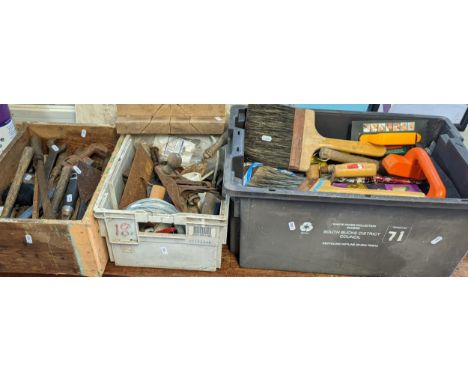 A mixed group of tools to include a woodworking plane, spanners, hammers, files and others along with a group of decorating r