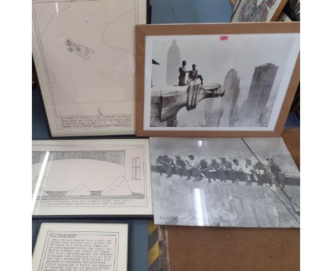 A group of humorous prints, a 1930's iconic print of figures on the Chrysler Building and workers sat eating lunch on a crane