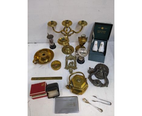 Brassware to include a Japanese teapot, a candelabra, a lamp, door knocker, and other items, silver plate, collectables, and 