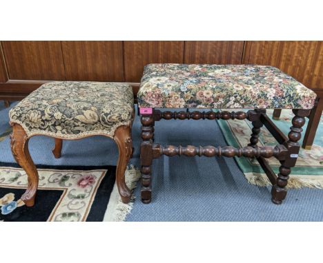 An early 20th century oak tapestry topped stool on bobbin turned supports 44cm h x 54cm w, together with a late 19th century 