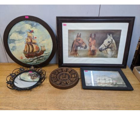 A mixed lot to include a painted relief wall plaque depicting a galleon in wooden frame, a print of a racehorse titled We Thr