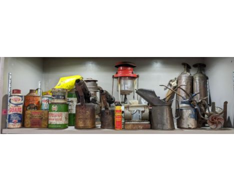 Mixed tools and motoring memorabilia to include a shell tractor oil can, a Castrol grease can and other itemsLocation: 