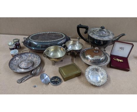 A mixed lot of mainly silver plated items to include a tea pot and muffin dish, together with a compass, lizard brooch and ot