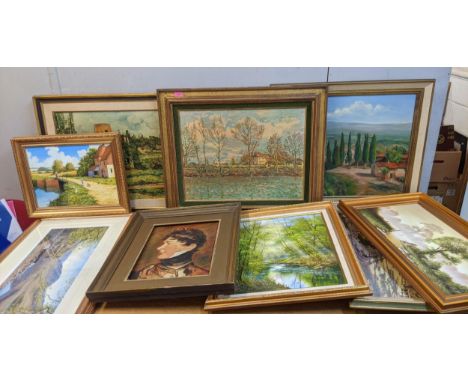 Ten prints and paintings to include a panoramic photograph and ahead and shoulders side portrait of a young gentlemanLocation