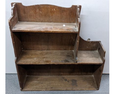 An early 20th century Liberty &amp; Co oak wall hanging shelf 68.5cm h x 57.5cm w Location: 