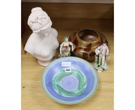 A pair of Derby figures, a Doulton bowl, a Poole dish and a faux marble bust