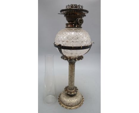 A 19th century Hinks &amp; Son silver plate and cut glass oil lamp, overall height 68cm incl. chimney