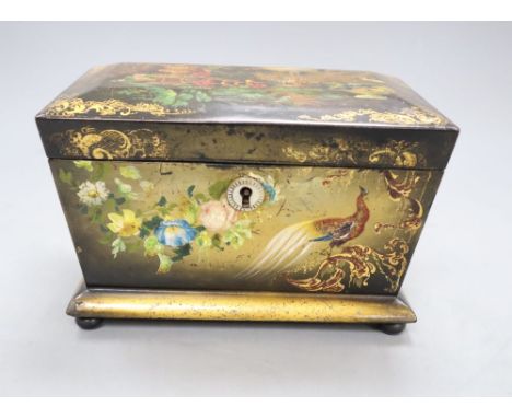 A Victorian floral painted papier mache tea caddy, length 20cm