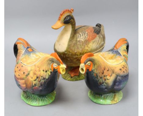 Two ceramic chicken teapots and an Italian 'duck' box, tallest 24cm