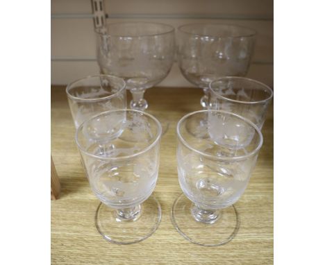 Six Dutch wheel engraved 'hunting scene' glasses, 19th century