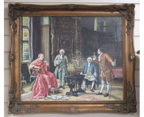 English School, oil on canvas, Cardinal and attendants examing a model galleon, 50 x 60cm