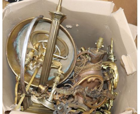 A quantity of mixed metal wares and lighting including a six branch electrolier