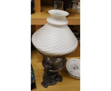 A Victorian Hinks silver plated oil lamp, shade and chimney