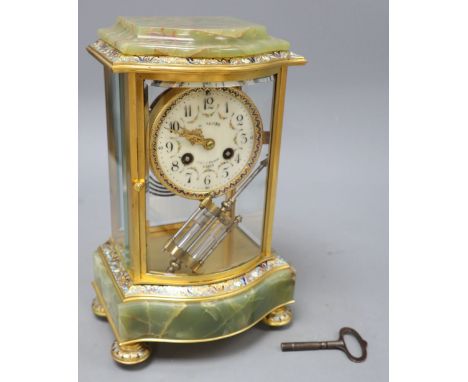 An early 20th century French green onyx, champleve enamel and ormolu mantel clock, includes key, height 27cm