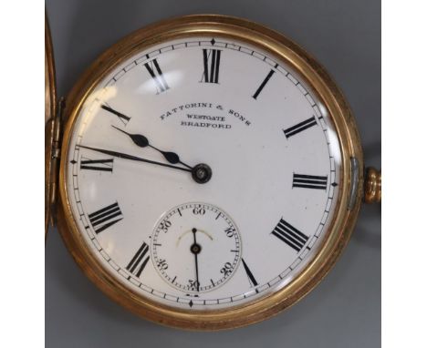 A George V 9ct gold half hunter keyless pocket watch, retailed by Fattorini &amp; Sons, gross 97.7 grams, case diameter 49mm.