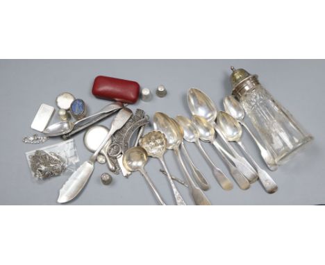 A mixed group of assorted silver flatware including 19th century Irish butter knife and other minor collectables.