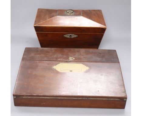 A Georgian mahogany tea caddy with associated mixing bowl and a similar writing slope, longest 35.5cm
