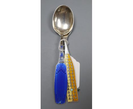 Two 1960's Danish sterling and enamel spoons by A. Michelsen, gross 98 grams.
