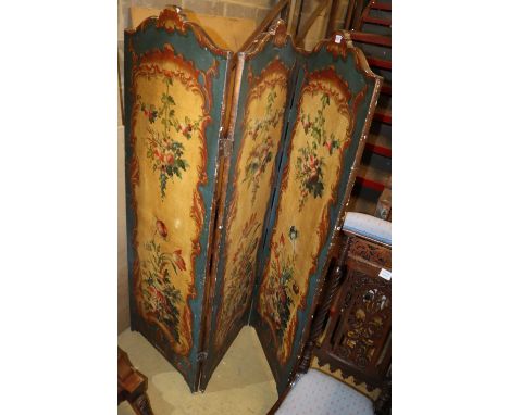 A three fold screen with floral decoupage panels, on bracket feet, 147 x 155cm