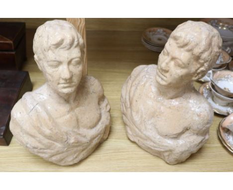Two pink glass ceramic busts, tallest 33cm