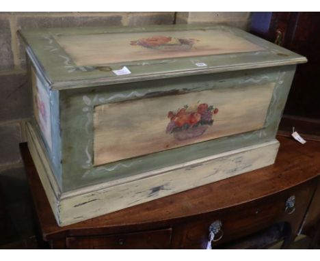 A pine trunk painted with panels of fruit, W.92cm, D.48cm, H.48cm