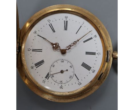 A continental engine turned 585 yellow metal hunter keyless pocket watch, with Roman dial and subsidiary seconds, gross 112.1
