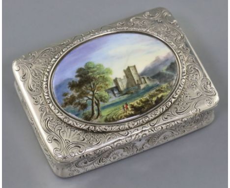 An early Victorian silver and enamel rectangular snuff box, by Robert Garrard II, with engraved scroll decoration, the lid wi