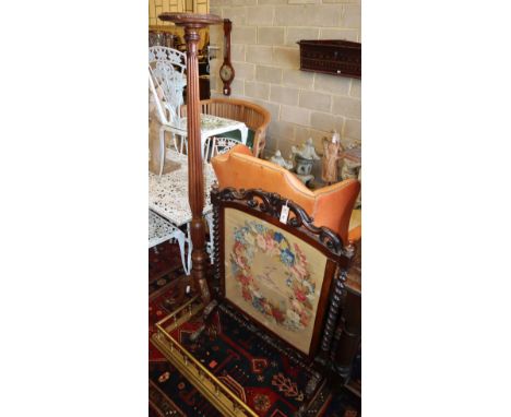 A Victorian firescreen, W.75cm, H.105cm and a later mahogany torchere