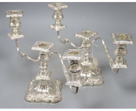 A pair of mid 20th century silver dwarf three light, two branch candelabra, Viners Ltd, Sheffield, 1956/7, weighted, height 2