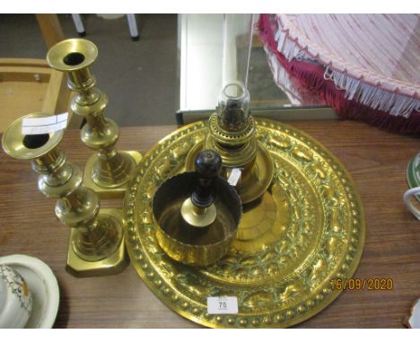 BRASS PLATER TOGETHER WITH A SMALL OIL LAMP, BELL ETC