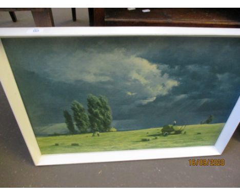 FRAMED PRINT DEPICTING THE HARVEST WIDTH APPROX 80CM TOGETHER WITH A FURTHER SIMILAR PRINT DEPICTING A STEAM TRAIN