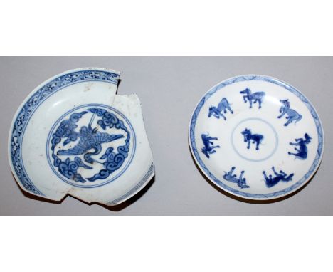 AN UNUSUAL CHINESE KANGXI PERIOD BLUE & WHITE PORCELAIN SAUCER, circa 1700, painted with the Seven Horses of Wang Mu, 4.6in d