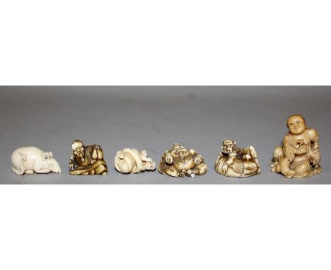 A GROUP OF SIX 19TH/20TH CENTURY JAPANESE IVORY NETSUKE, all unsigned apart from the rat, mostly figural subjects and mostly 