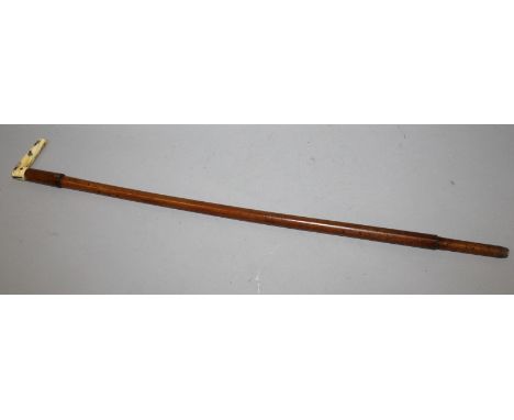 A BAMBOO WALKING STICK WITH AN INLAID SIGNED SHIBAYAMA IVORY HANDLE, the handle inlaid with insects in mother-of-pearl and ha